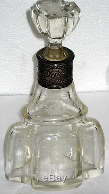 Antique Victorian Sterling Silver Collar Etched Cut Glass Decanter