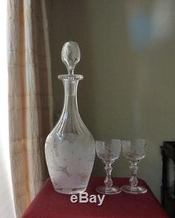 Antique Victorian etched decanter+ 2 hollow stem glasses, rare, VGC