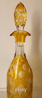 Antique Vintage Amber Bohemian Glass Cut To Clear And Frosted Decanter
