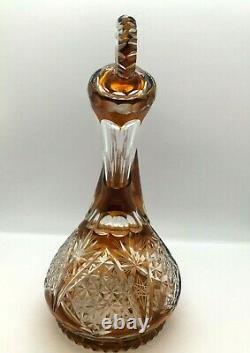Antique Vintage Bohemian AMBER Crystal Cut to Clear PORRON Wine Decanter