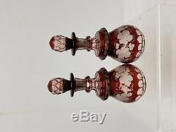 Antique Vintage Pair of Flashed Ruby Red Cut Glass Etched Decanter Bottle