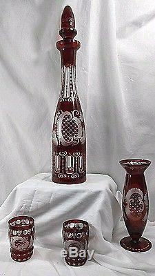 Antique Volmer 1888 Cut To Clear Ruby Red Glass Wine Decanter Set Glasses & Vase