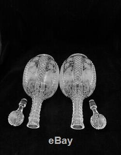 Antique/Vtg Pair Crystal Decanters Etched Leaves Diamond Cut Matching Stoppers