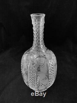 Antique/Vtg Pair Crystal Decanters Etched Leaves Diamond Cut Matching Stoppers