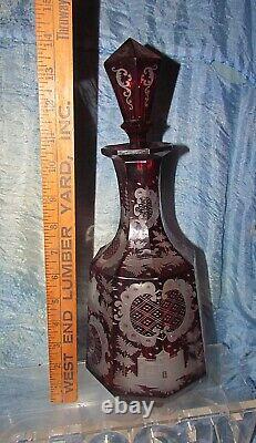 Antique bohemian decanter ruby red cut to clear exceptional etchings egermann