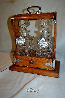 Antique c1870 Oak Silver Tantalus Cut glass Decanter Crown Staffordshire England