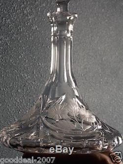 Antique cut glass nautical decanter w engraved decoration 10 inch H