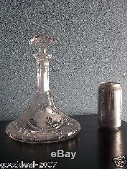 Antique cut glass nautical decanter w engraved decoration 10 inch H