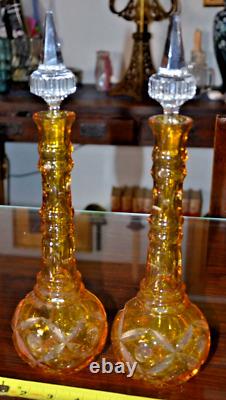 Antique cut to clear crystal Moser Czech Bohemian etched YEL glass decanter pair