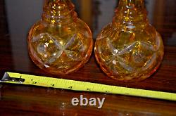 Antique cut to clear crystal Moser Czech Bohemian etched YEL glass decanter pair