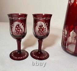 Antique cut to clear crystal Moser Czech Bohemian etched red glass decanter set
