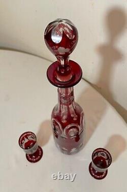 Antique cut to clear crystal Moser Czech Bohemian etched red glass decanter set