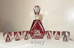 Antique cut to clear crystal Moser Czech Bohemian red Deco glass decanter set