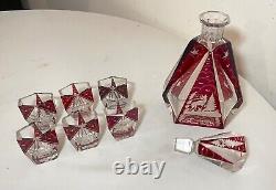 Antique cut to clear crystal Moser Czech Bohemian red Deco glass decanter set