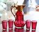 Antique Gold Ruby Cut Glass Cordial Set, 4 Tiny Glasses, Early 20th C. 11591