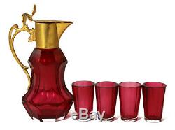 Antique gold ruby cut glass cordial set, 4 tiny glasses, early 20th c. 11591