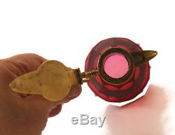 Antique gold ruby cut glass cordial set, 4 tiny glasses, early 20th c. 11591