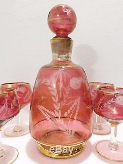 Antique ruby cut glass decanter with 6 glasses