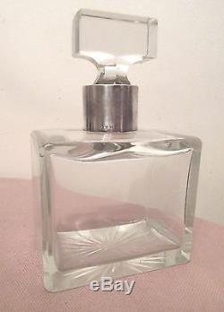 Antique sterling silver cut crystal glass heavy square spirit liquor decanter