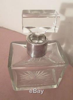 Antique sterling silver cut crystal glass heavy square spirit liquor decanter