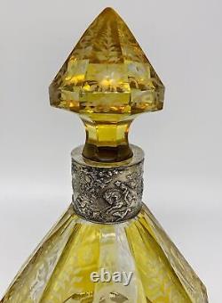 Antique yellow cut to clear glass sterling silver mounted spirits decanter
