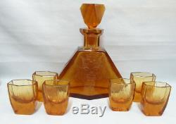 Art Deco Bohemia Moser Decanter + 6 Glasses Amber Uranium Vaseline Cut Crystal