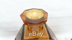 Art Deco Bohemia Moser Decanter + 6 Glasses Amber Uranium Vaseline Cut Crystal