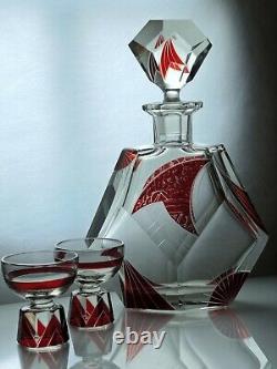 Art Deco Bohemian Karl Palda Ruby Red Enamel Clear Cut Glass Decanter &2glasses