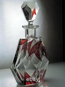 Art Deco Bohemian Karl Palda Ruby Red Enamel Clear Cut Glass Decanter &2glasses