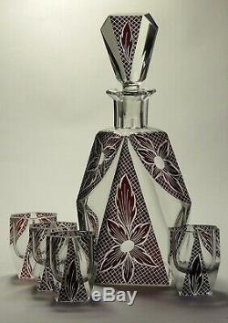 Art Deco Bohemian Red to Clear Cut Glass Decanter & 4 glasses/Nový Bor/Haida