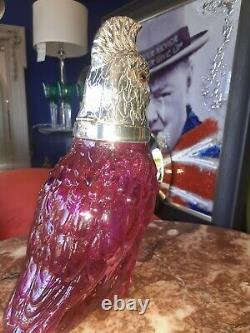 Art Deco Cocktail Shaker decanter Cut Glass Cranberry Pink Silver Parrot