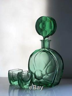 Art Deco Czech Cut Green Tourmaline Glass Decanter and 2 glasses Rendezvous
