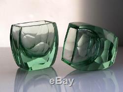 Art Deco Czech Cut Green Tourmaline Glass Decanter and 2 glasses Rendezvous