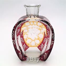 Art Deco Karl Palda Czech Liqueur Decanter and Glasses, Ruby, Amber Cut to Clear