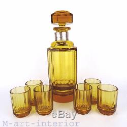 Art Deco Kristall Glas Karaffe, 6 Gläser, Amber Cut Glass Decanter Set WW2, 1941