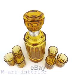 Art Deco Kristall Glas Karaffe, 6 Gläser, Amber Cut Glass Decanter Set WW2, 1941