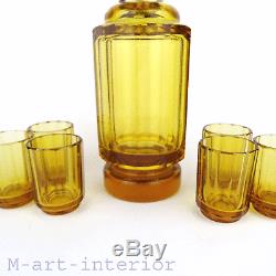 Art Deco Kristall Glas Karaffe, 6 Gläser, Amber Cut Glass Decanter Set WW2, 1941