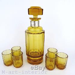 Art Deco Kristall Glas Karaffe, 6 Gläser, Amber Cut Glass Decanter Set WW2, 1941