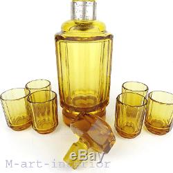 Art Deco Kristall Glas Karaffe, 6 Gläser, Amber Cut Glass Decanter Set WW2, 1941