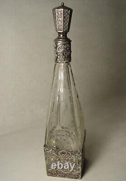 Art Nouveau Hanau 800 solid silver mounted cut glass engraved liquor decanter