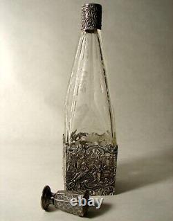 Art Nouveau Hanau 800 solid silver mounted cut glass engraved liquor decanter