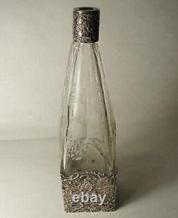 Art Nouveau Hanau 800 solid silver mounted cut glass engraved liquor decanter