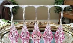 BACCARAT Vintage Pink Cut to Clear Crystal Liqueur Decanter & 5 Cordial Glasses