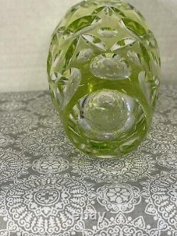 BEAUTIFUL Hand Cut Green Cut To Clear Bohemian Lead Crystal Vase 6.5