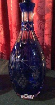 Beautiful Pair Of 18 Blue Bohemian Cut Back Art Glass Decanter Bottles Stopper