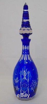 Beautiful Pair Of 18 Blue Bohemian Cut Back Art Glass Decanter Bottles Stopper