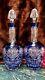 Beautiful Rare Pair Of 60s, 70s Cobalt Blue Cut To Clear Crystal Glass Decanters