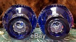 BEAUTIFUL RARE PAIR of 60s, 70s COBALT BLUE CUT to CLEAR Crystal Glass Decanters
