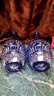 BEAUTIFUL RARE PAIR of 60s, 70s COBALT BLUE CUT to CLEAR Crystal Glass Decanters