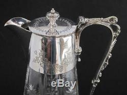 BEAUTIFUL TOP QUALITY ANTIQUE SILVER PLATED & CUT GLASS CLARET WINE JUG decanter